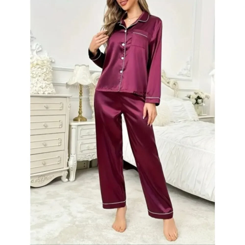 NWT Gorgeous 2 Pc XL Burgundy Satin Collar Button Long Sleeve Pants Pajama Set